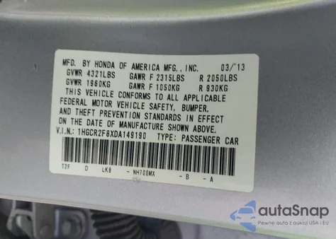 2013 Honda Accord Ex-L z USA, uszkodzony, nr VIN 1HGCR2F8XDA149190